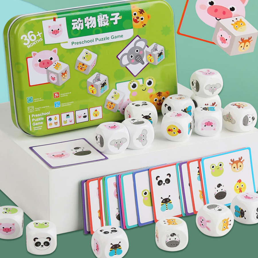 Board Game For Kids - Animal Matching Card Game Wooden Dice